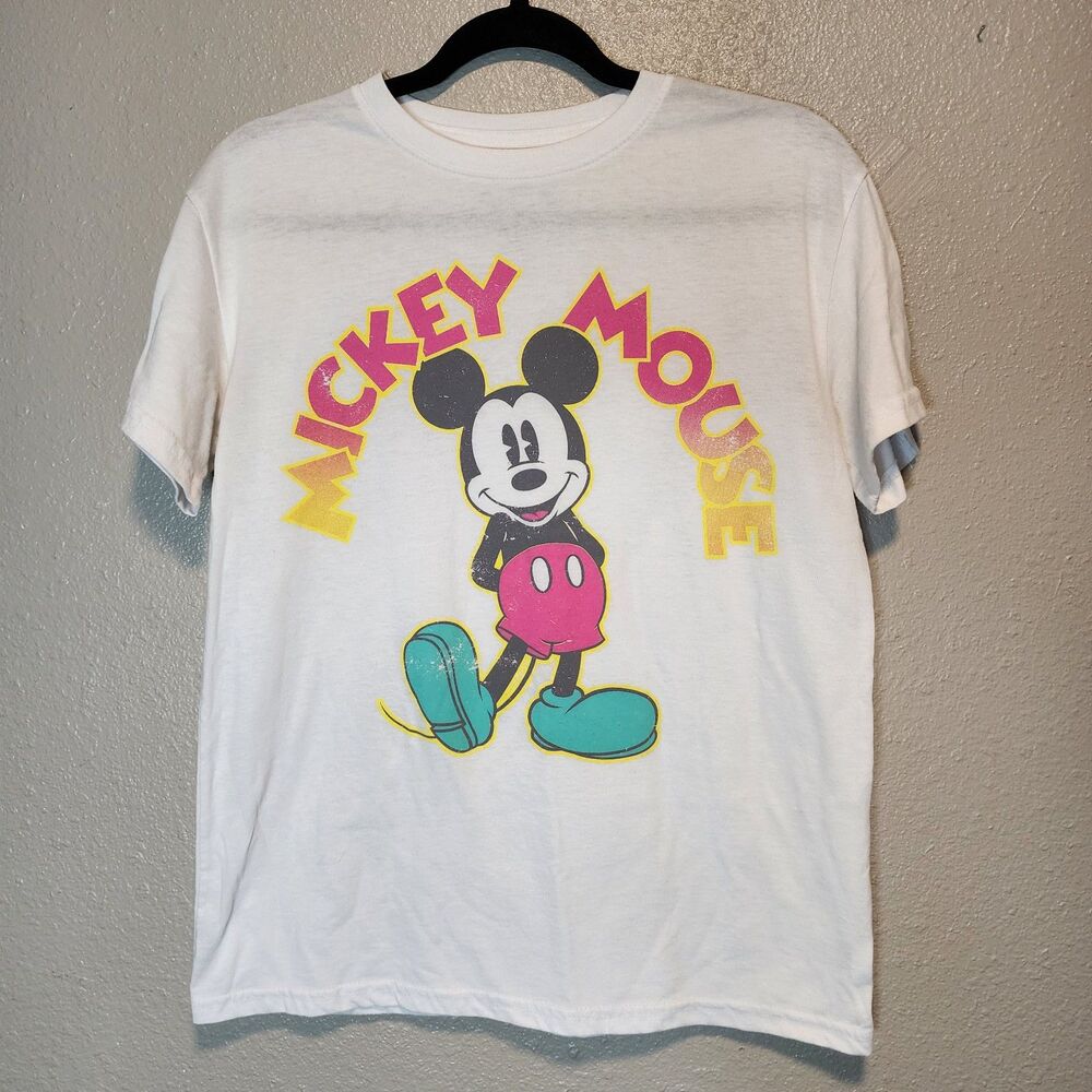 Disney Mickey Mouse Retro Graphic T-Shirt White Pink Teal 80s 90s Vibe Medium